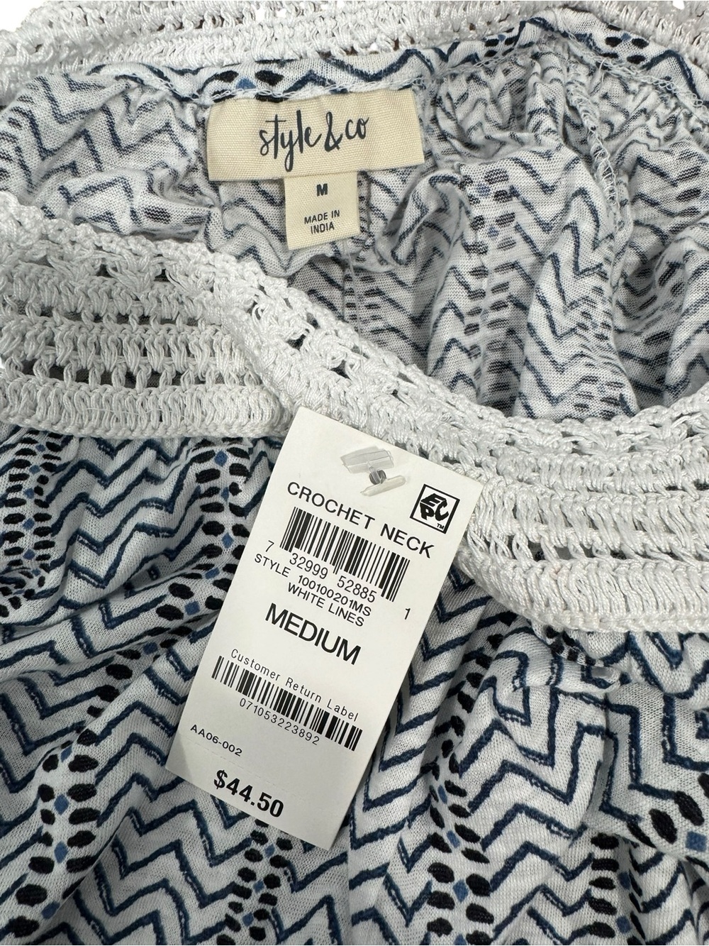 Style & Co. Navy and White Chevron Crochet Neck Top. Size Medium.  NWT - Picture 6 of 6